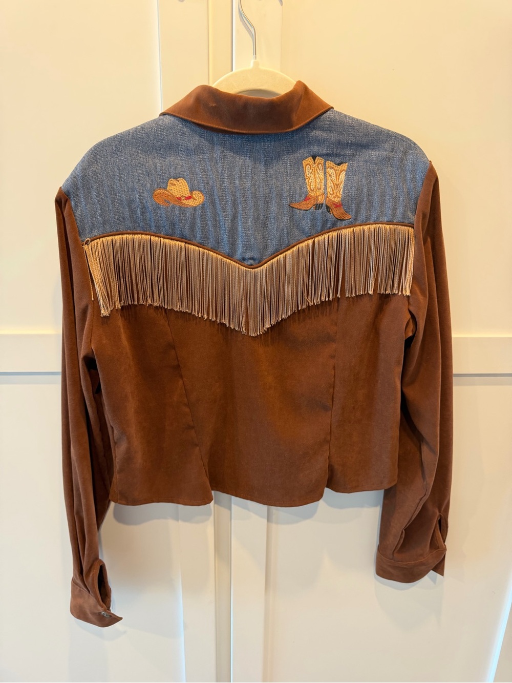 Brown Suede Western Fringe Jacket with Denim Yoke - Picture 2 of 14